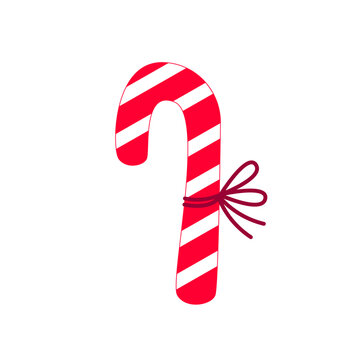 Xmas candy cane isolated on white backdrop. Vector illustration. Top view on icon. Template for greeting card on Christmas and New Year.
