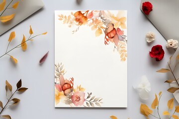 Autumn composition. Paper blank, dried flowers and leaves on pastel beige background. Autumn, fall concept.