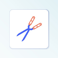 Line Gardening handmade scissors for trimming icon isolated on white background. Pruning shears with wooden handles. Colorful outline concept. Vector