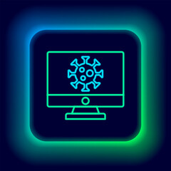 Glowing neon line Virus statistics on monitor icon isolated on black background. Corona virus 2019-nCoV. Bacteria and germs, cell cancer, microbe, fungi. Colorful outline concept. Vector