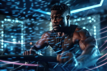 Fototapeta na wymiar close up portrait of athletic muscular man working out in the gym. LED lights and low light setup in motion