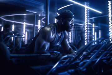 Fototapeta na wymiar close up portrait of athletic muscular man working out in the gym. LED lights and low light setup in motion