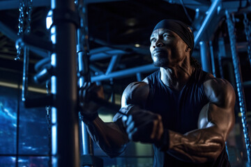 close up portrait of athletic muscular man working out in the gym. LED lights and low light setup in motion