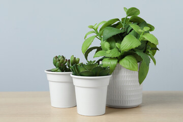 Many different artificial plants in flower pots on wooden table against light grey background