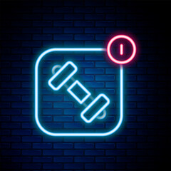 Glowing neon line Fitness app for sports icon isolated on brick wall background. Healthcare mobile app concept. Online fitness or mobile trainer. Colorful outline concept. Vector