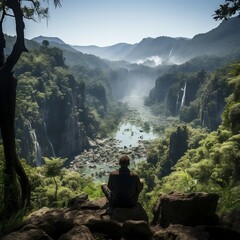 A traveler sitting at the edge of a breathtaking cliff, overlooking a vast canyon below, with a serene waterfall cascading into a crystal-clear pool generative ai
