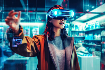 Women in shopping mall to use hologram display in the shop , shopping online technology virtual reality in retail combine , Created with Generative Ai