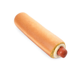 Tasty french hot dog with sauce isolated on white