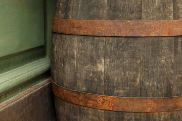Traditional wooden barrel outdoors, closeup. Wine making