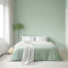A minimalist bedroom with a light green wall, a simple bed with a textured pillow, and a light blanket draped over the edge. Generative AI