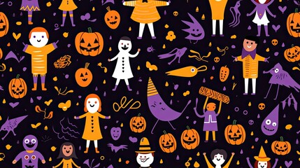 Vibrant Halloween seamless background with orange and purple pattern and captivating font design
