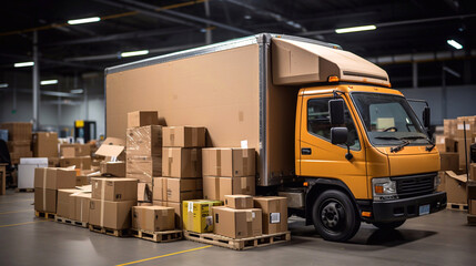 Naklejka premium Delivery truck. Delivery van and many cardboard boxes. The warehouse of the company for the delivery of goods. Generative AI