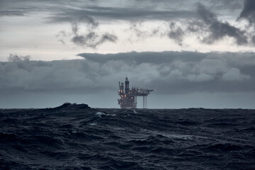 Jack up oil rig in stormy weather in the North Sea.
