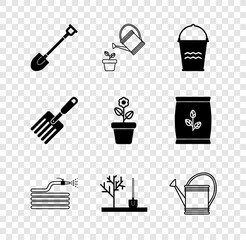 Set Garden shovel, Watering can, Bucket, hose or fire hose, Planting tree the ground, fork and Flower pot icon. Vector