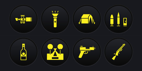 Set Bottle of vodka, Bullet and cartridge, Tourist tent, Pistol or gun, Flashlight, Shotgun and Sniper optical sight icon. Vector