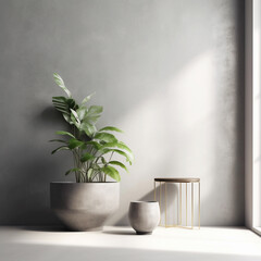 Interior background of room with gray stucco wall and pot with plant. Generative AI