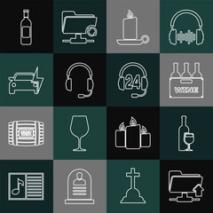 Set line FTP folder upload, Wine bottle with glass, Bottles of wine box, Burning candle candlestick, Headphones microphone, Electric car, and for support icon. Vector