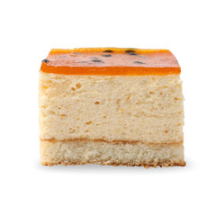 Piece of cheesecake with jelly on white background