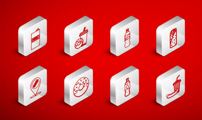 Set line Soda and hotdog, drink with donut, Bottle of water, Burrito, Beer can, Donut and Location icon. Vector