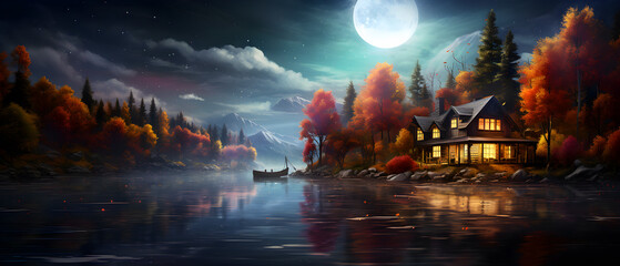 Illustration of a house in the middle of an island in autumn