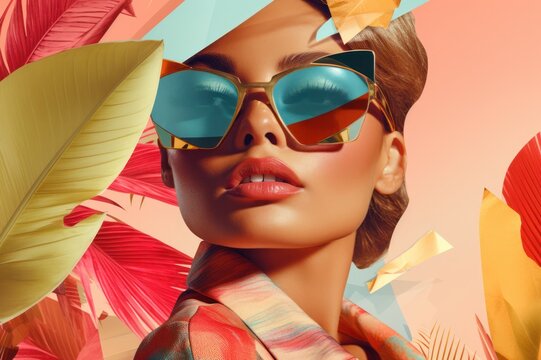 Poster design for fashion brands, in the style of tropical landscapes, split toning, close-up shots, cubist portraiture, exotic