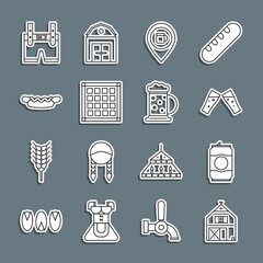 Set line Farm House, Beer can, Glass of beer, Alcohol or bar location, Checkered napkin, Hotdog sandwich, Lederhosen and Wooden mug icon. Vector