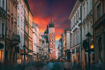 Krakow, Poland. View Of St. Mary's Basilica From Florian Street. Famous Landmark Old Landmark...