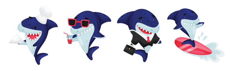 Blue Toothy Cartoon Shark Engaged in Different Activity Vector Set
