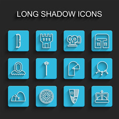 Set line Bale of hay and rake, Old wooden wheel, Medieval bow, Shield, King crown, chained mace ball, keys and iron helmet icon. Vector