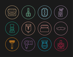 Set line Aftershave, Mustache, Blade razor, Electric blade for men, Shaving brush, Cream lotion cosmetic jar, tube and Scissors hairdresser icon. Vector