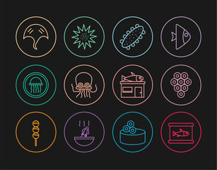 Set line Canned fish, Caviar, Sea cucumber, Octopus, Jellyfish on plate, Stingray, Seafood store and urchin icon. Vector