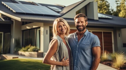 A happy couple stands smiling in the driveway of a large house with solar panels installed. Real estate new home concept.