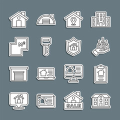 Set line House, contract, Skyscraper, Location with house, key, plan, and shield icon. Vector