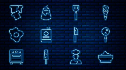 Set line Flour bowl, Lollipop, Spatula, Cookbook, Scrambled eggs, Bread toast, Knife and Pudding custard icon. Vector