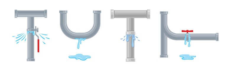 Leaking Water Pipe and Damaged Dripping Fitting Vector Set