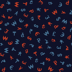 Symbols of various currencies seamless pattern. Vector background.