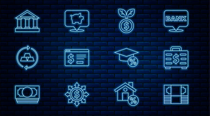 Set line Stacks paper money cash, Briefcase and, Dollar plant, Online banking with dollar, Gold bars, Bank building, Graduation cap coin and Piggy icon. Vector
