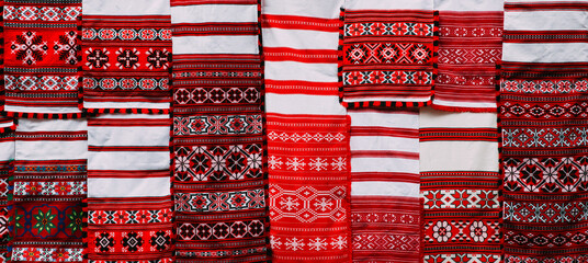 Linen Towels With Belorussian Ethnic National Folks Ornament On Clothes. Slavic Traditional Pattern...