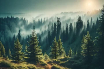 Foto auf Leinwand Misty landscape with fir forest in hipster vintage retro style © Pretty Panda