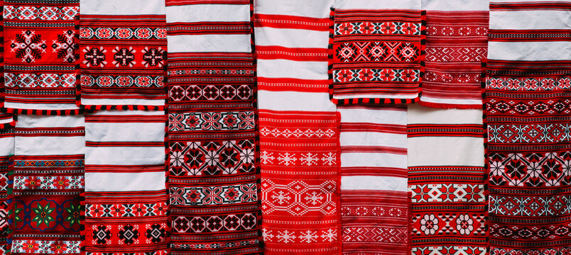 Linen Towels With Belorussian Ethnic National Folks Ornament On Clothes. Slavic Traditional Pattern Ornament Embroidery. Culture Of Belarus