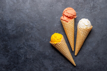 Assorted ice cream flavours in delightful waffle cones