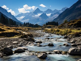 Fototapeta na wymiar A picturesque mountainous landscape with a tranquil river winding through lush valleys and meadows generative ai