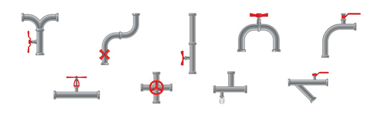Fitting or Adapter for Connecting Straight Section of Pipe or Tube with Red Valves Vector Set