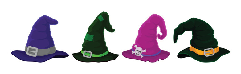 Witch Pointed Hat with Buckle and Wide Brim Vector Set