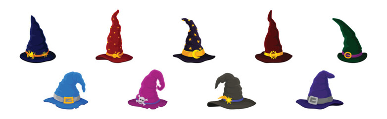 Witch Pointed Hat with Buckle and Wide Brim Vector Set