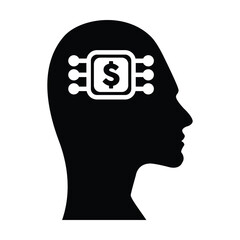Digital dollar sign icon on futuristic human profile face with brain chip implant for AI Artifical Intelligence finance and money mind illustration in glyph pictogram.
