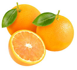 Orange with leaves isolated on white background, Orange fruit on white background PNG File.