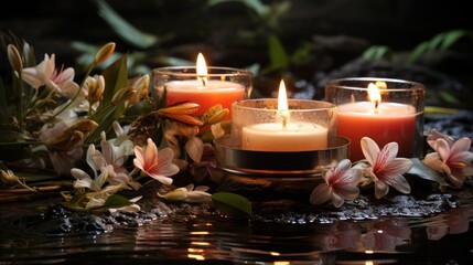 candles in water. Beautiful spa composition with candles on dark background