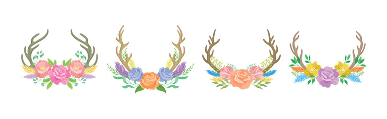 Beautiful Deer Antlers or Horns with Blooming Flowers Bouquet Vector Set