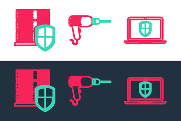 Set line Server with shield, Smartphone and Drill machine icon. Vector